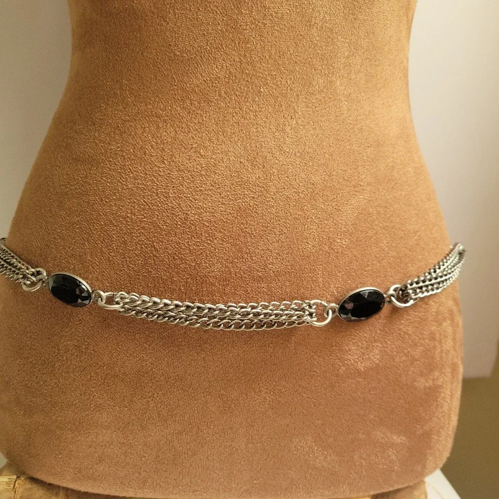 Simply Vera Silver Multi Strand Chain Belt with Black Stones 39 Inch Whimsigoth